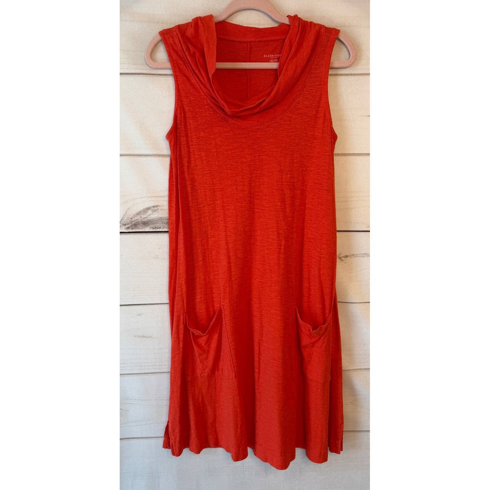 Eileen Fisher Petite Orange Hemp Organic Cotton Cowl Neck Pocket Shift Dress PP